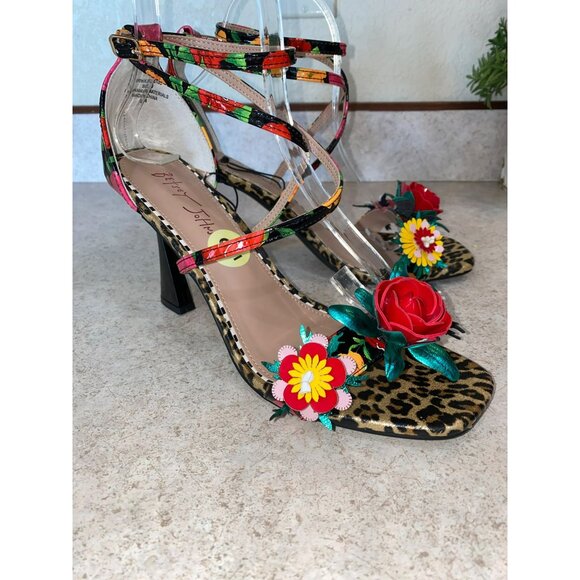 Betsey Johnson Floral Leopard Print Strappy Heels Size 9 - Picture 1 of 12
